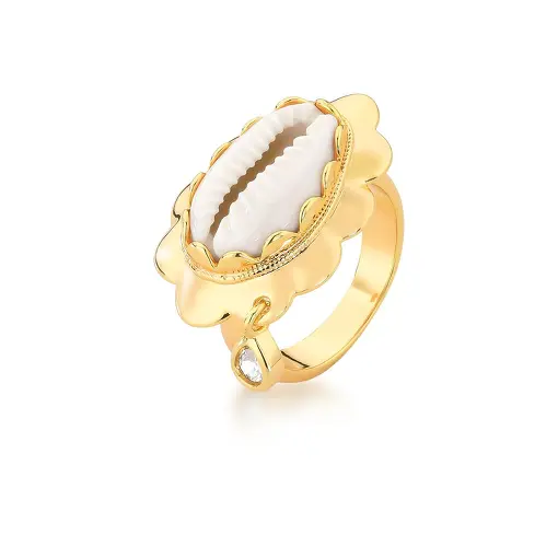 ANEL COM BÚZIOS E CRISTAL GOTA BANHADO A OURO