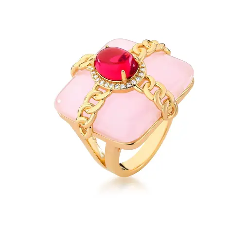 ANEL QUADRADO COM CRISTAL OVAL E ZIRCÔNIAS BANHADO A OURO
