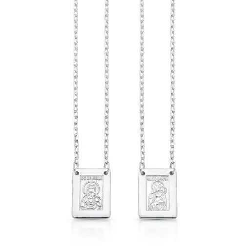 ESCAPULÁRIO COM PINGENTES RELIGIOSOS RETANGULARES EM PRATA LISA