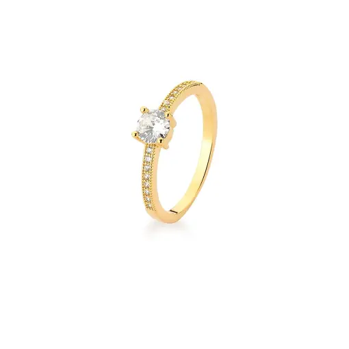 ANEL SOLITÁRIO COM CRISTAL REDONDO BRANCO BANHADO A OURO