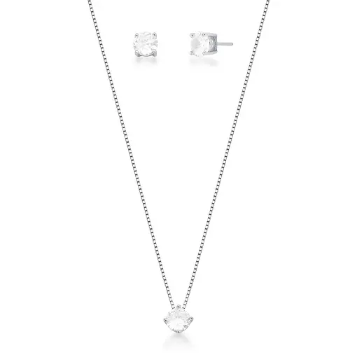 CONJUNTO BRINCO E CORRENTE COM PINGENTE REDONDO PRATA RODINADA