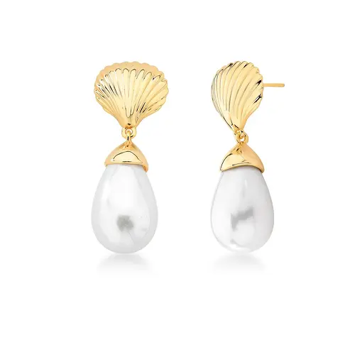 BRINCO DE CONCHA E PÉROLA DE GOTA BANHADO A OURO