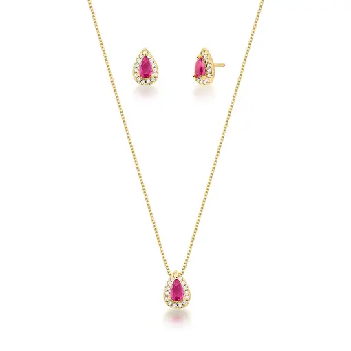 CONJUNTO COLAR E BRINCO DE GOTA COM CRISTAL BANHADO A OURO