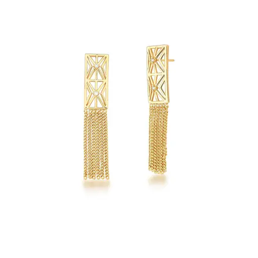 BRINCO RETANGULAR GEOMETRICO COM FRANJA BANHADO A OURO