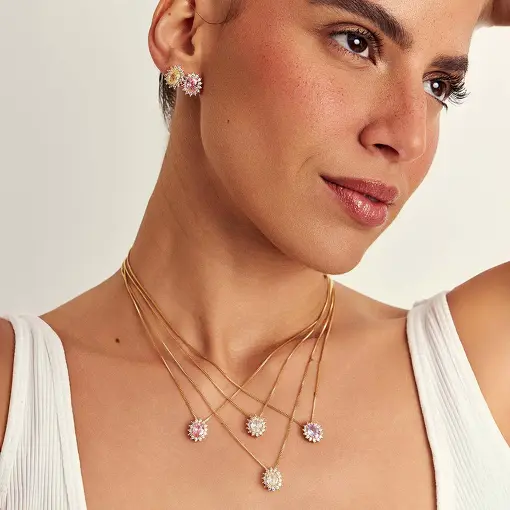 CONJUNTO BRINCO E COLAR COM CRISTAL OVAL E ZIRCÔNIAS