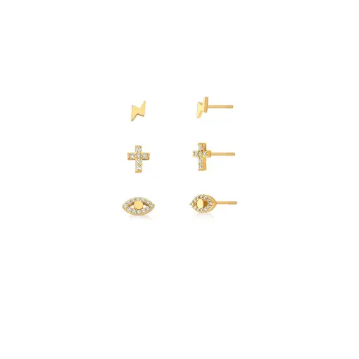 KIT TRÊS PARES DE BRINCOS DIVERSOS E BRANCOS BANHADO A OURO