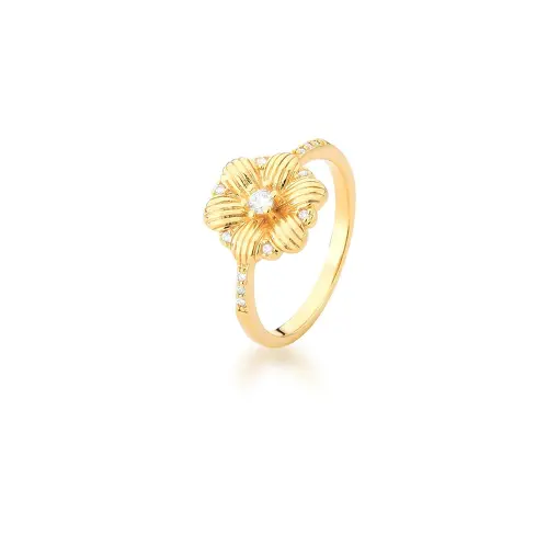 ANEL DE FLOR TRABALHADA E ZIRCÔNIAS BRANCAS BANHADA A OURO