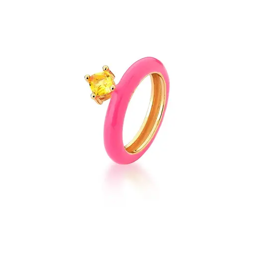 ANEL ESMALTADO HOT PINK COM ZIRCÔNIA AMARELA BANHADO A OURO