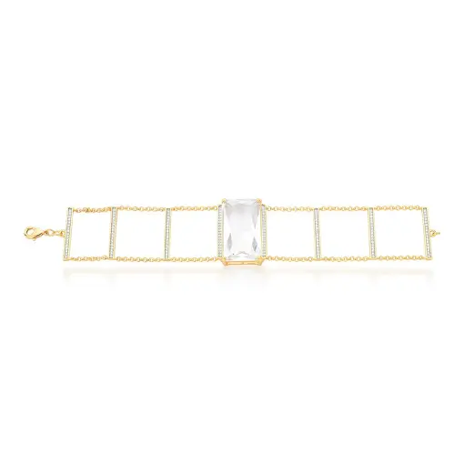 PULSEIRA COM CRISTAL RETANGULAR TRANSPARENTE BANHADO A OURO