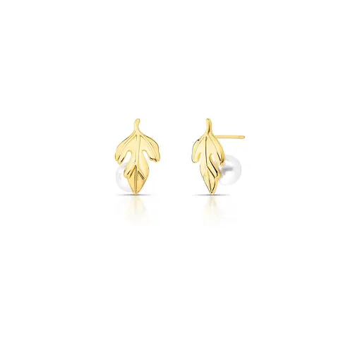 BRINCO DE FOLHA LISO COM PÉROLA SHELL BANHADO A OURO