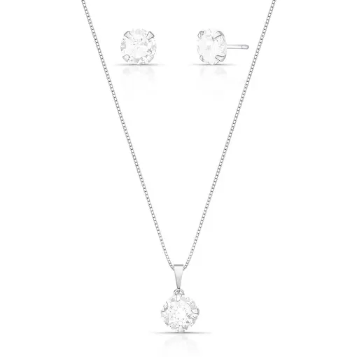 CONJUNTO BRINCO E CORRENTE CRISTAL REDONDO PRATA LISA