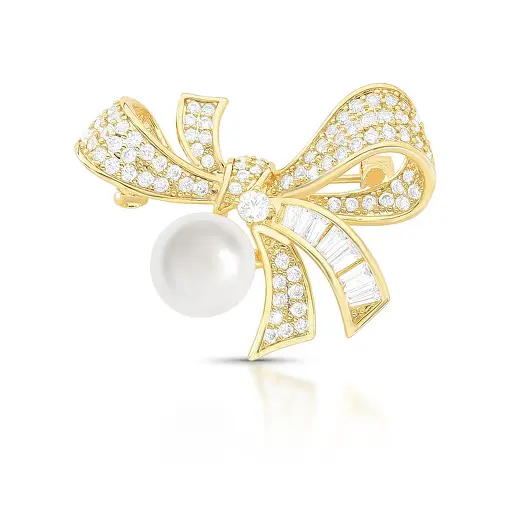 BROCHE DE LAÇO COM PÉROLA CRISTAIS E ZIRCÔNIAS