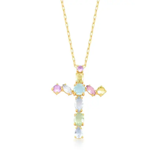 COLAR COM PINGENTE DE CRUZ COM CRISTAIS  BANHADO A OURO