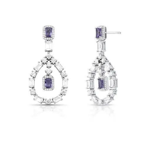 BRINCO PÊNDULO VAZADO COM CRISTAIS GEOMÉTRICOS E ZIRCÔNIAS