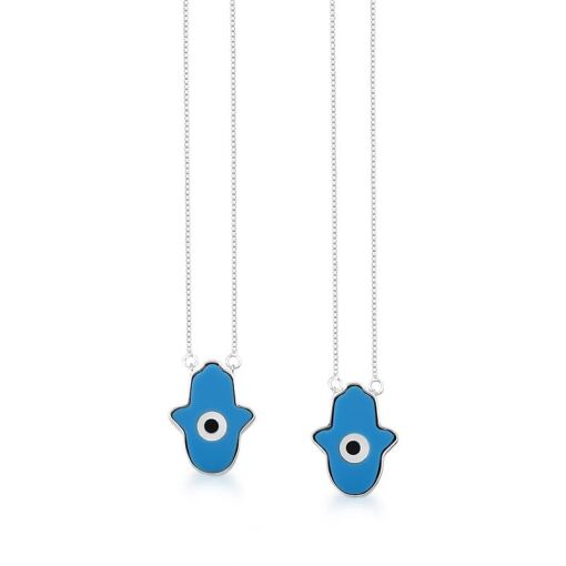 ESCAPULÁRIO COM PINGENTES MÃO DE FÁTIMA AZUL EM PRATA LISA