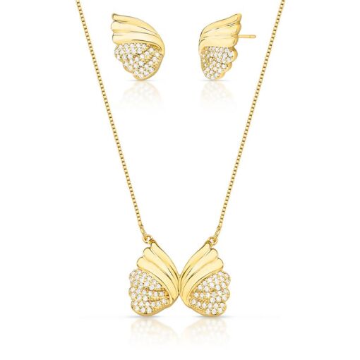 CONJUNTO BRINCO E CORRENTE COM PINGENTE ASA BANHADA A OURO