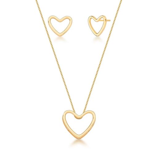 CONJUNTO COLAR E BRINCO DE CORAÇÃO LISO BANHADO A OURO