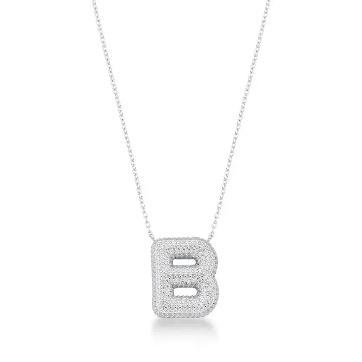 COLAR COM PINGENTE DE LETRA "B" CRAVEJADO PRATA RODINADA