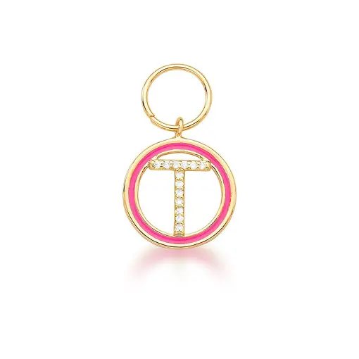 PINGENTE LETRA "T" VAZADO E  ESMALTADO ROSA BANHADO A OURO