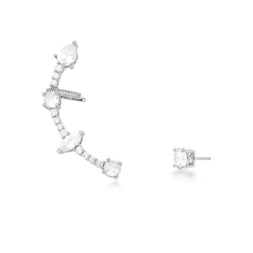 BRINCO EAR CUFF ASSIMÉTRICO E CRISTAIS DIVERSOS BANHADO A RÓDIO