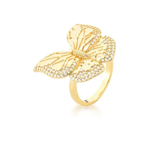 ANEL DE BORBOLETA COM ZIRCÔNIAS BRANCAS BANHADA A OURO