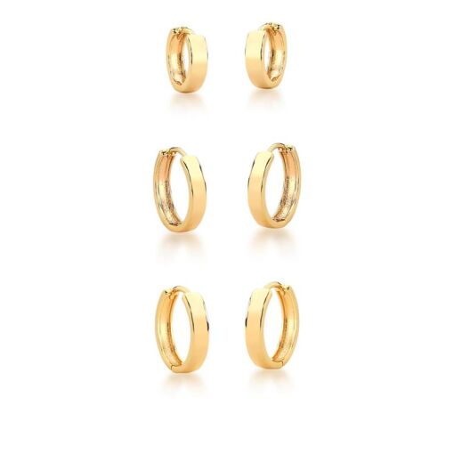 KIT TRÊS PARES DE ARGOLAS LISAS BANHADA A OURO