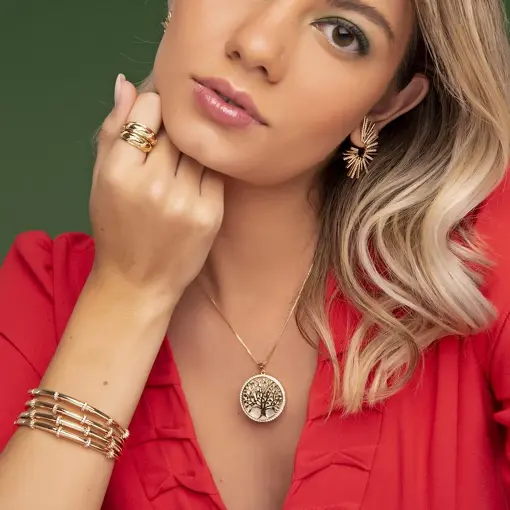 CORRENTE E PINGENTE ÁRVORE DA VIDA EM MADREPÉROLA BANHADA A OURO