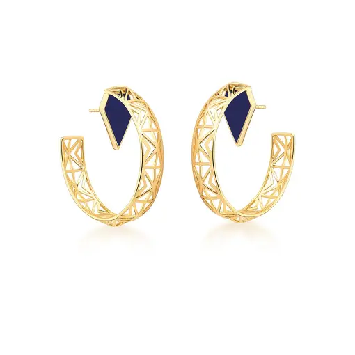 MEIA ARGOLA GEOMETRICA COM PEDRA LAPIZ LAZULI  BANHADA A OURO