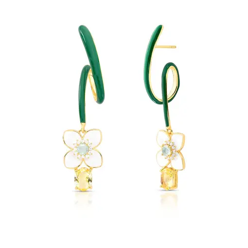 BRINCO DE FLOR EM PÊNDULO ESMALTADO BANHADO A OURO