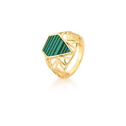 ANEL GEOMETRICO COM PEDRA MALAQUITA BANHADO A OURO
