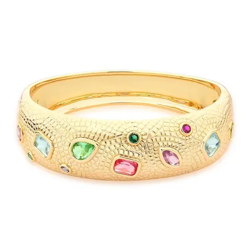 BRACELETE TEXTURIZADOS E CRISTAIS COLORIDOS BANHADO A OURO