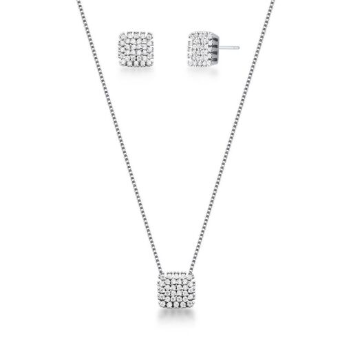 CONJUNTO COLAR E BRINCO QUADRADO CRAVEJADO BANHADO A RÓDIO