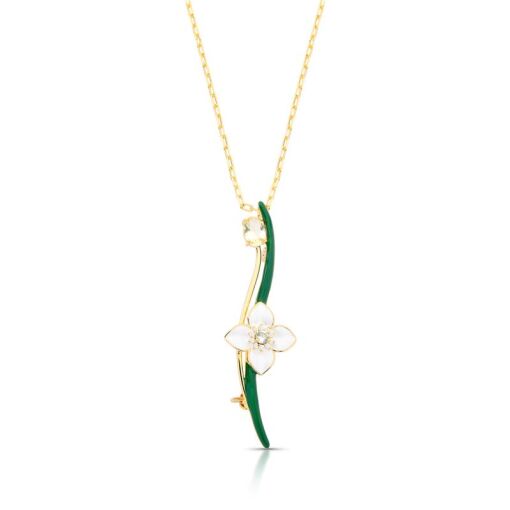 COLAR COM PINGENTE ESMALTADO DE FLOR EM BROCHE BANHADO A OURO