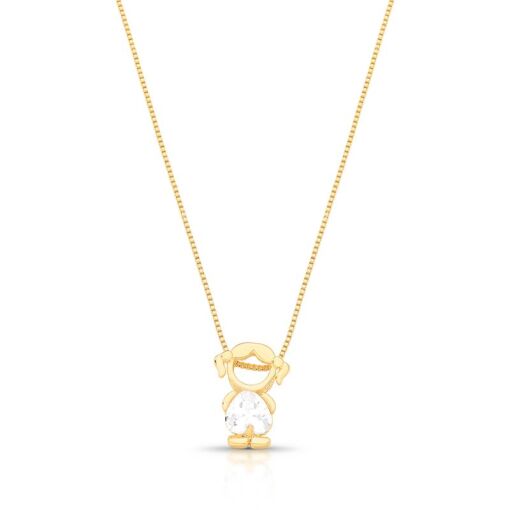 COLAR COM PINGENTE DE MENINA E CORAÇÃO EM CRISTAL