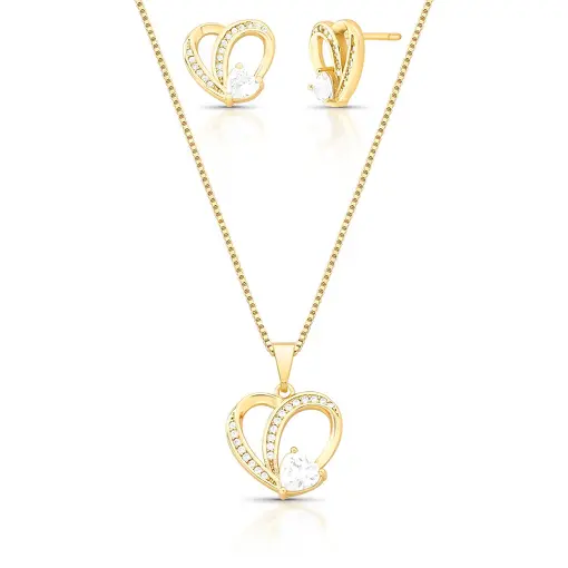 CONJUNTO BRINCO E COLAR DE CORAÇÃO COM CRISTAL E ZIRCÔNIAS