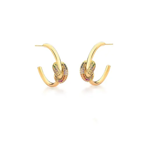 MEIA ARGOLA TRANÇADA COM ZIRCÔNIAS COLORIDAS BANHADA A OURO