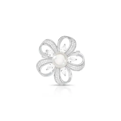 BROCHE DE FLOR COM CRISTAL PÉROLA SHELL E ZIRCÔNIAS