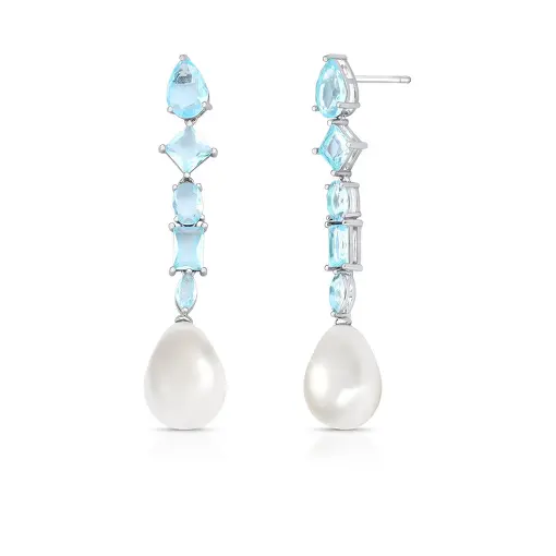 BRINCO PÊNDULO COM CRISTAIS INTERCALADOS E PÉROLA SHELL