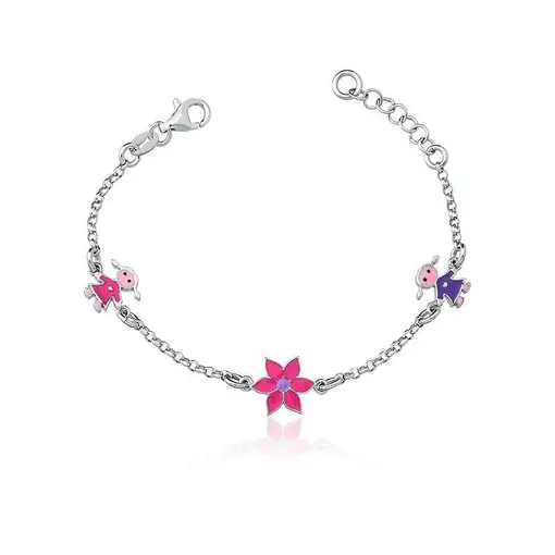 PULSEIRA KIDS COM PINGENTES DE MENINAS E FLOR EM PRATA RODINADA