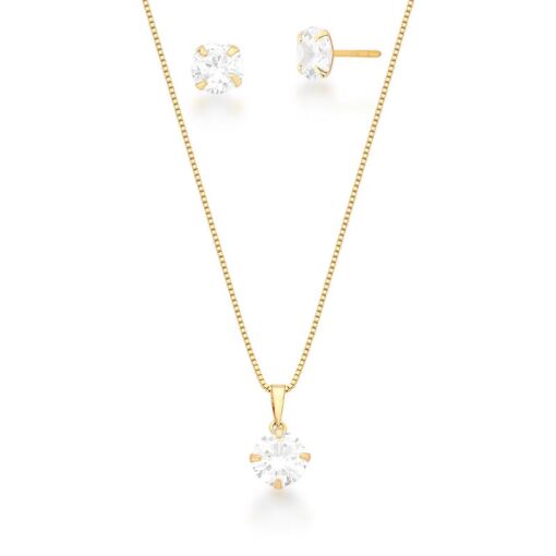 CONJUNTO BRINCO E CORRENTE COM PINGENTE REDONDO BANHADO A OURO