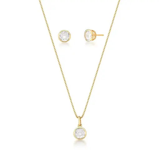 CONJUNTO BRINCO E COLAR COM CRISTAL REDONDO BANHADO A OURO
