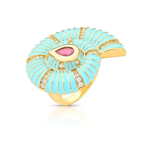 ANEL ESMALTADO DE CONCHA COM CRISTAL DE GOTA E ZIRCÔNIAS