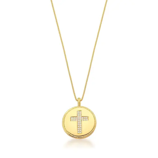 COLAR COM PINGENTE REDONDO DE CRUZ BANHADA A OURO